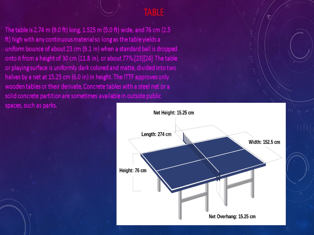 Table The table is 2.74 m (9.0 ft) long, 1.525 m (5.0 ft) wide,